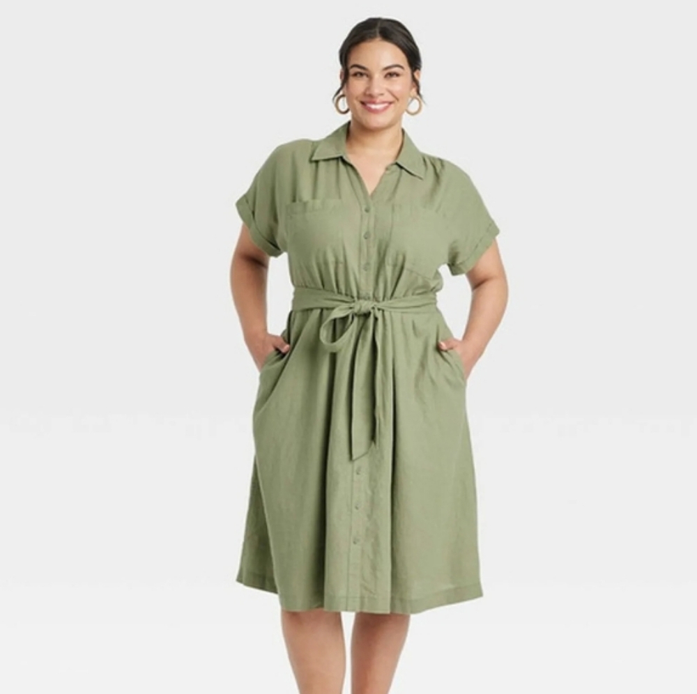 Ava & Viv Olive Green Button-Front Midi Shirt Dress